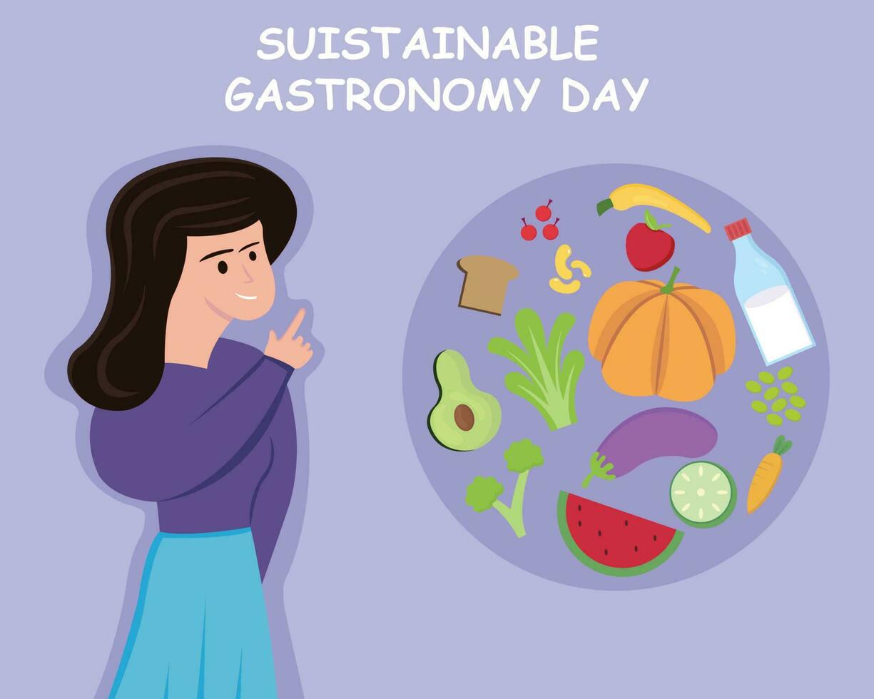 Illustration Vektor Grafik von ein Frau zeigen gesund und nahrhaft Essen, perfekt zum International Tag, nachhaltig Gastronomie Tag, zelebrieren, Gruß Karte, usw.