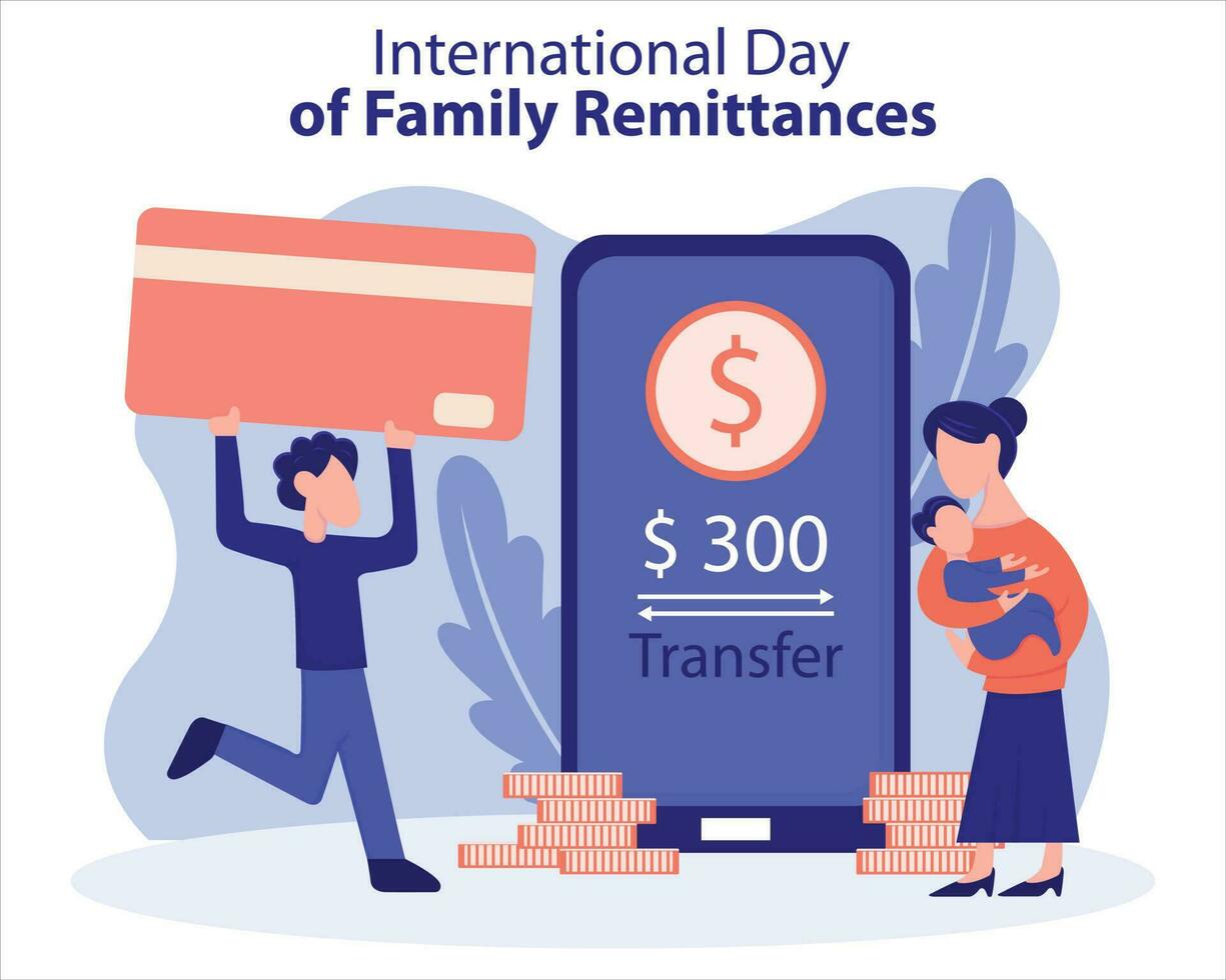 illustration vektor grafisk av en Make ger ett Bankomat kort till hans fru, visas ett e bank Ansökan på en smartphone, perfekt för internationell dag, internationell dag av familj remitteringar.