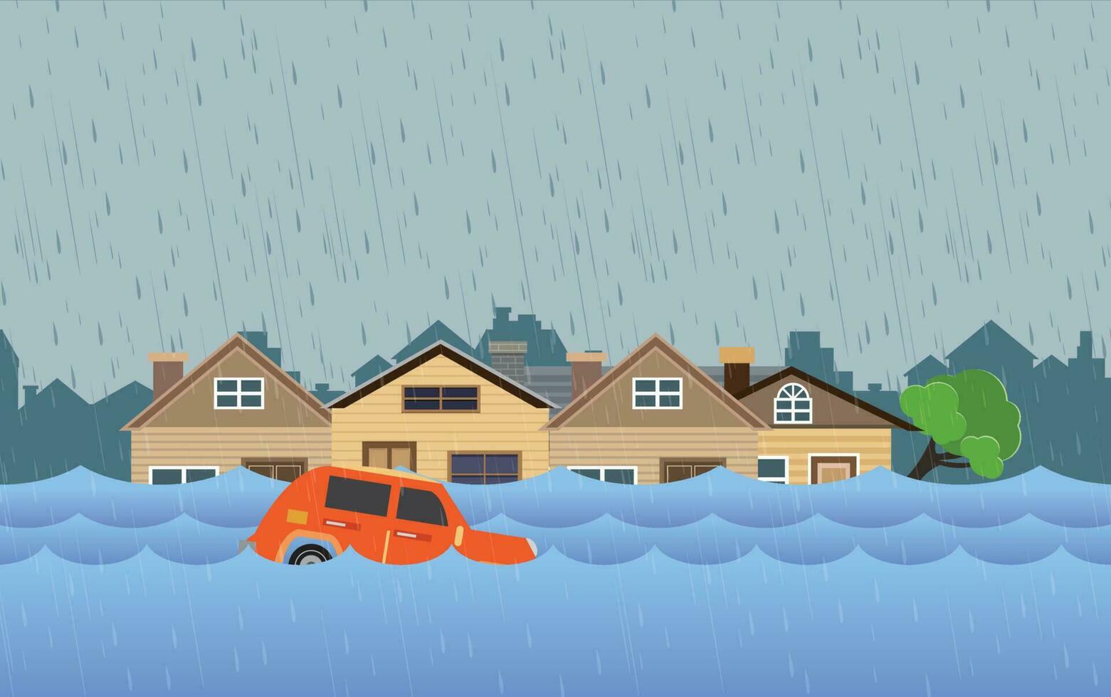 översvämma naturkatastrof med hus, kraftigt regn och storm, skador med hem, moln och regn, översvämmande vatten i staden, översvämmade hus. vektor