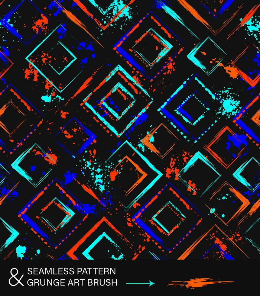 Muster mit Quadrate, Farbe Bürste Schlaganfälle, bespritzt Farbe von Neon- hell Farben. virtuell abstrakt Hintergrund Grunge Stil zum Sport Waren, Drucke, Kleidung, t Hemd Design, Vinyl wickeln vektor