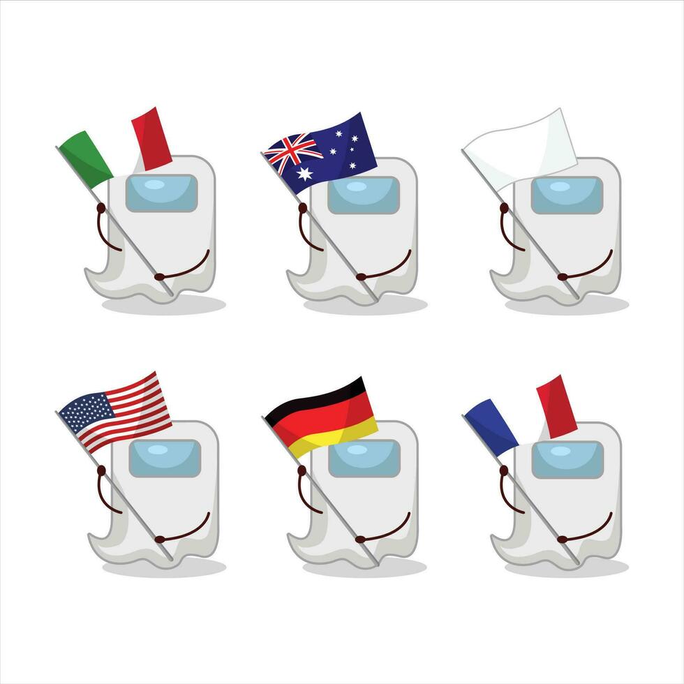 spöke bland oss vit tecknad serie karaktär föra de flaggor av olika länder vektor