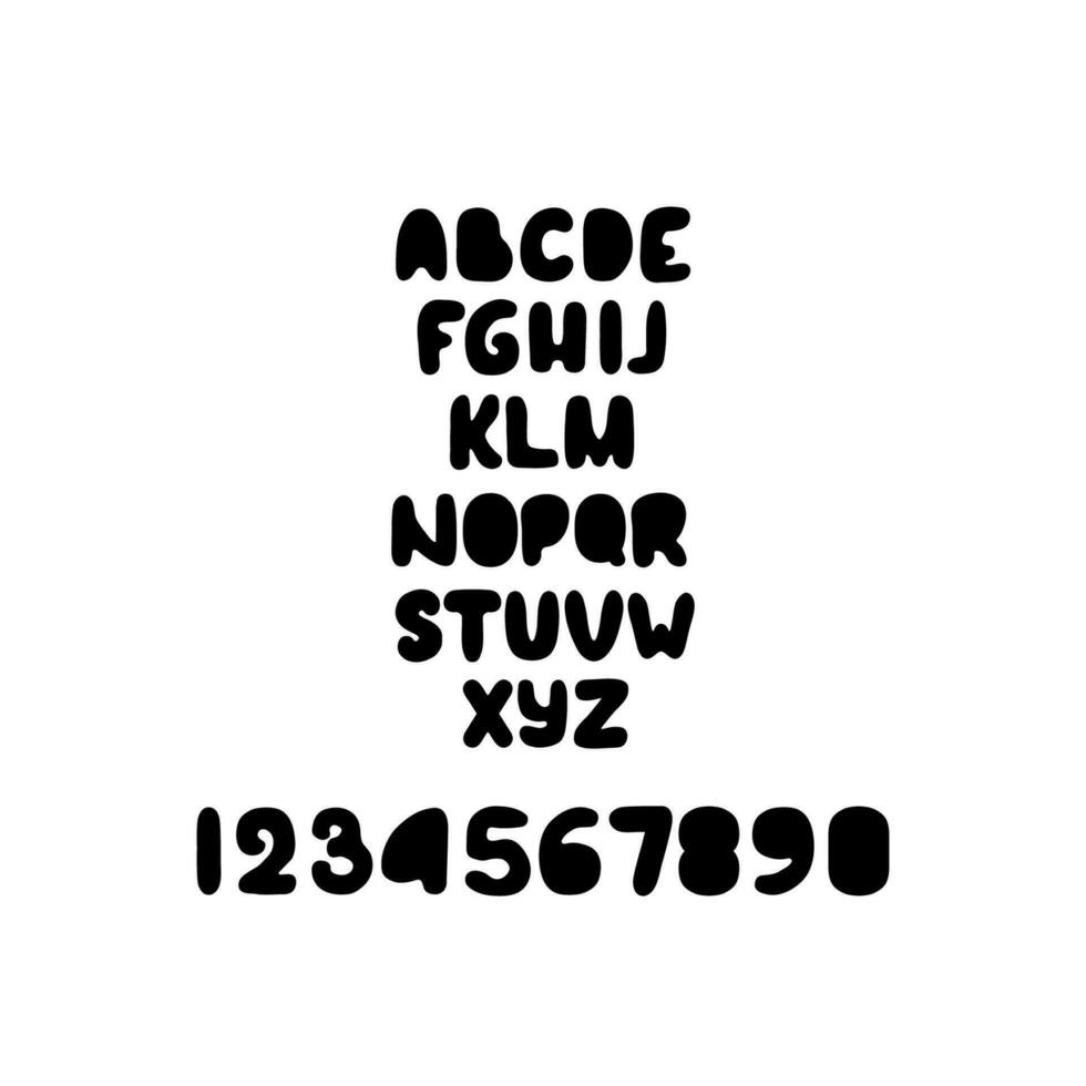 Englisch ABC. einstellen von Vektor schwarz Weiß Karikatur komisch Englisch Briefe, Zahlen, Symbole. süß komisch Hand gezeichnet Schrift, Alphabet, Schriftart, Zahlen, seufzt, Großbuchstaben Briefe