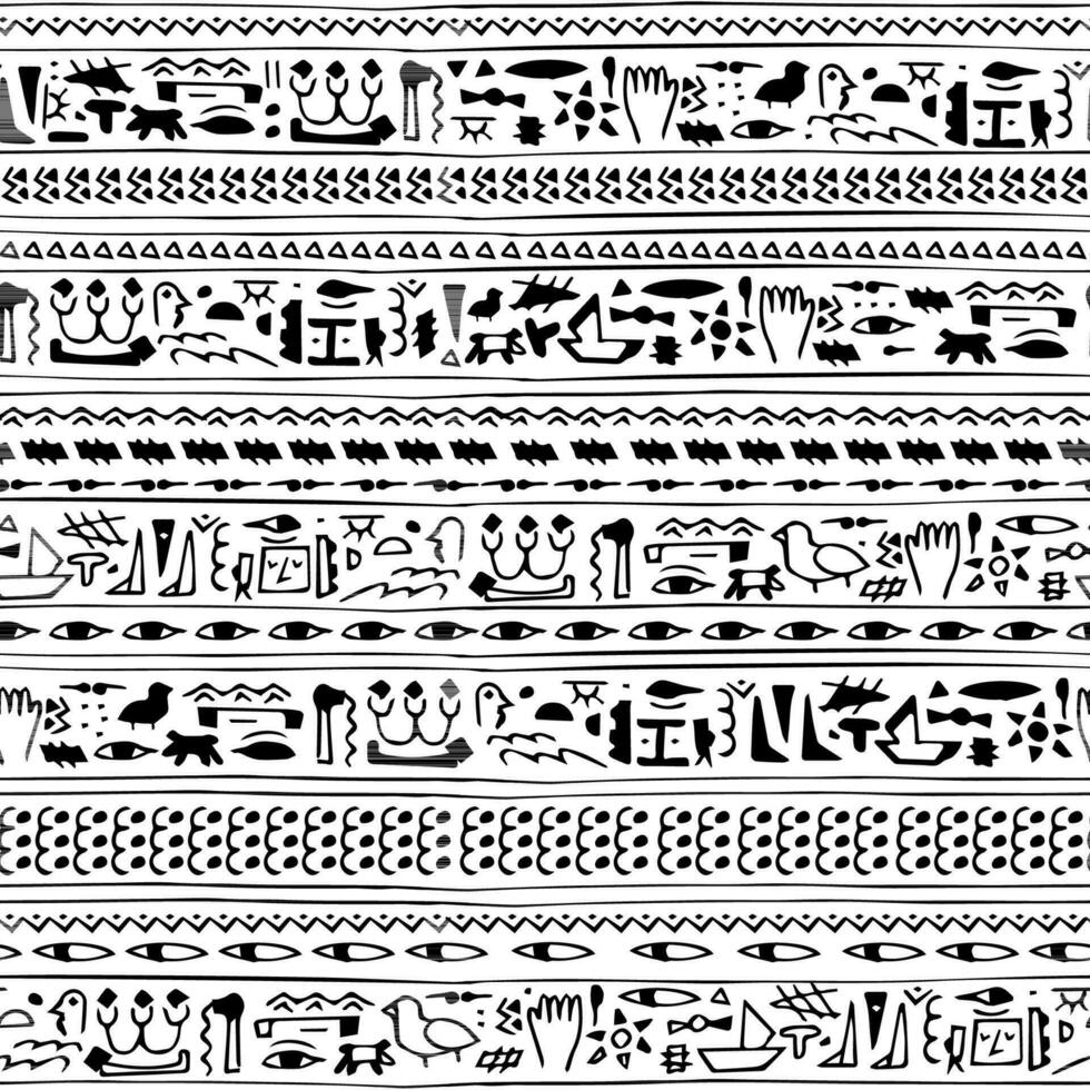 gammal egyptens locka svartvit sömlös mönster, terar ritad för hand symboler påminner av hieroglyfer. perfekt för Kläder, gardiner, och bärbara datorer vektor