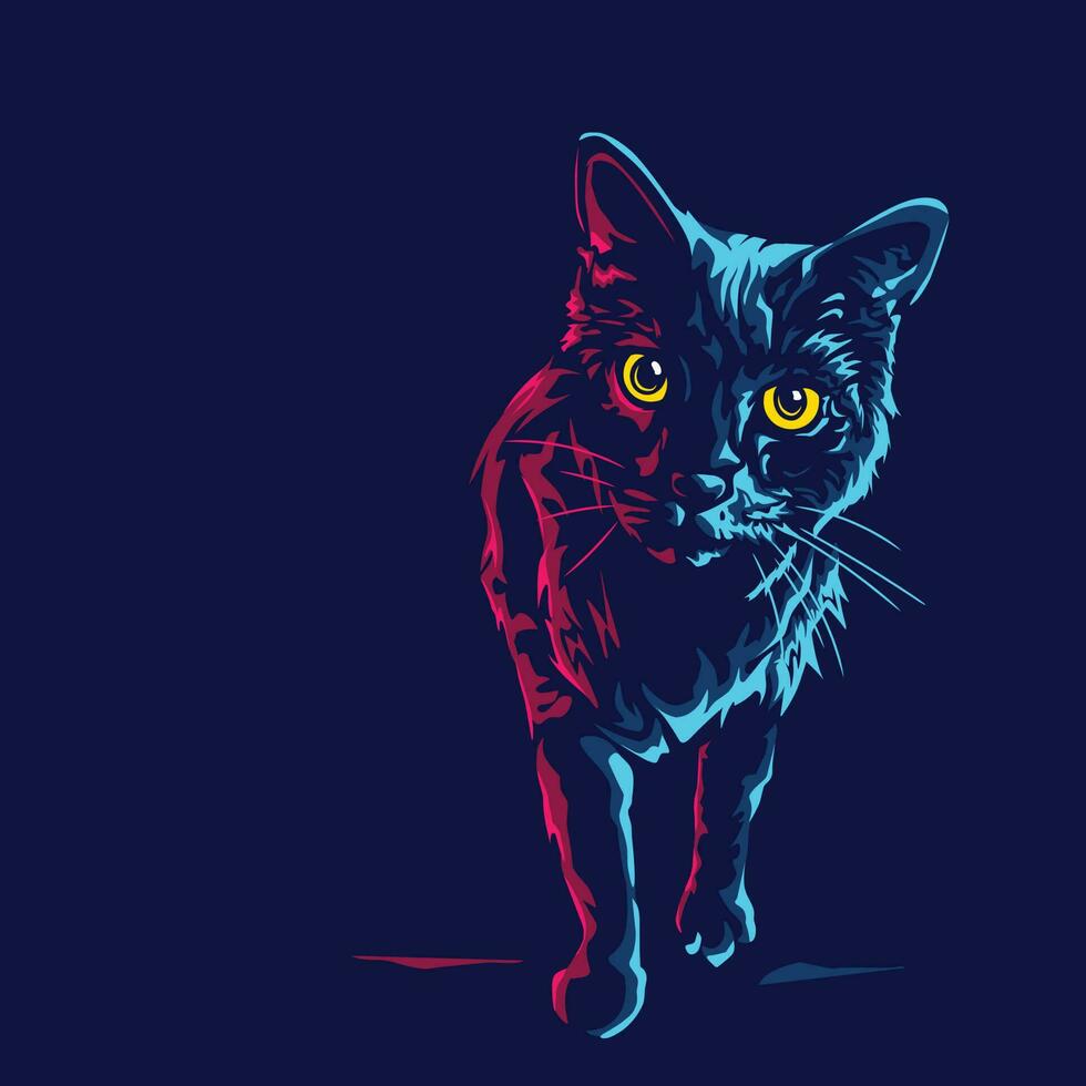 katt logotyp linje pop- konst porträtt färgrik neon design med mörk bakgrund. abstrakt djur- vektor illustration.