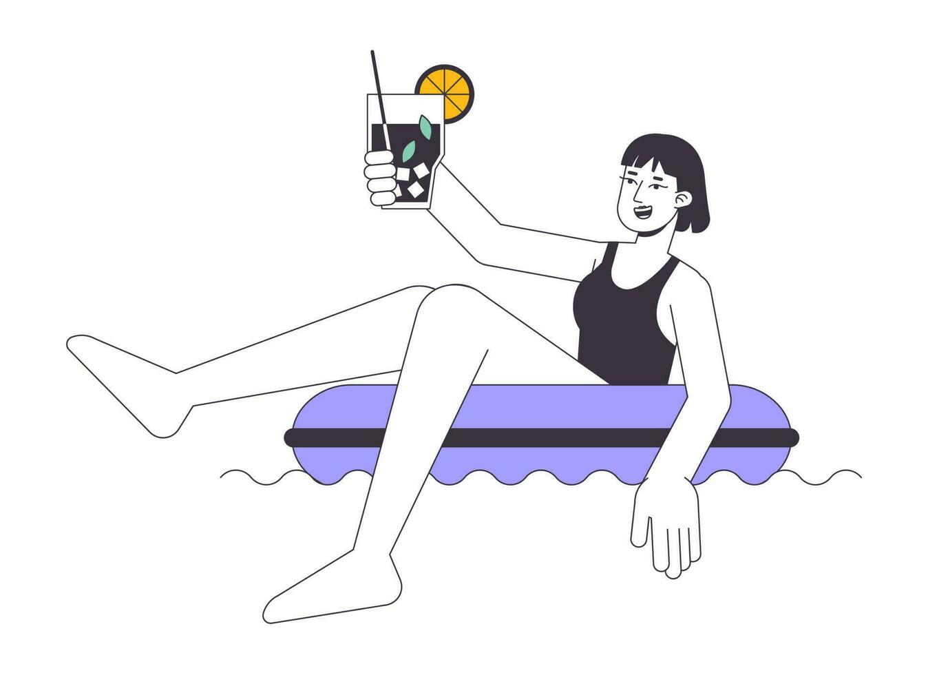 Badeanzug Frau im aufblasbar Ring eben Linie Vektor Stelle Illustration. Urlaub Mädchen 2d Karikatur Gliederung Charakter auf Weiß zum Netz ui Design. Schwimmen Schwimmbad Spaß editierbar isoliert bunt Held Bild