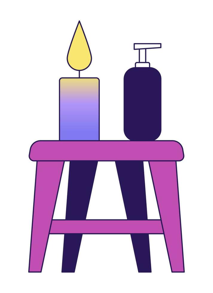 Schemel mit Kerzen, Spa Produkt eben Vektor Karikatur Symbol. natürlich Kosmetika. redaktionell, Zeitschrift Stelle Illustration. bunt Objekt isoliert auf Weiß. editierbar 2d einfach Zeichnung, Grafik Design