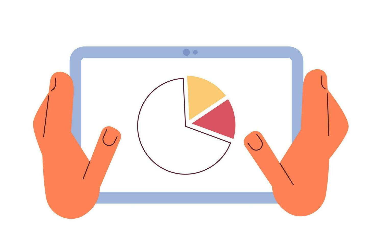 Digital Marketing Bericht eben Konzept Vektor Stelle Illustration. halten Tablette Computer mit Kuchen Diagramm 2d Karikatur Hände auf Weiß zum Netz ui Design. e Handel isoliert editierbar kreativ Held Bild