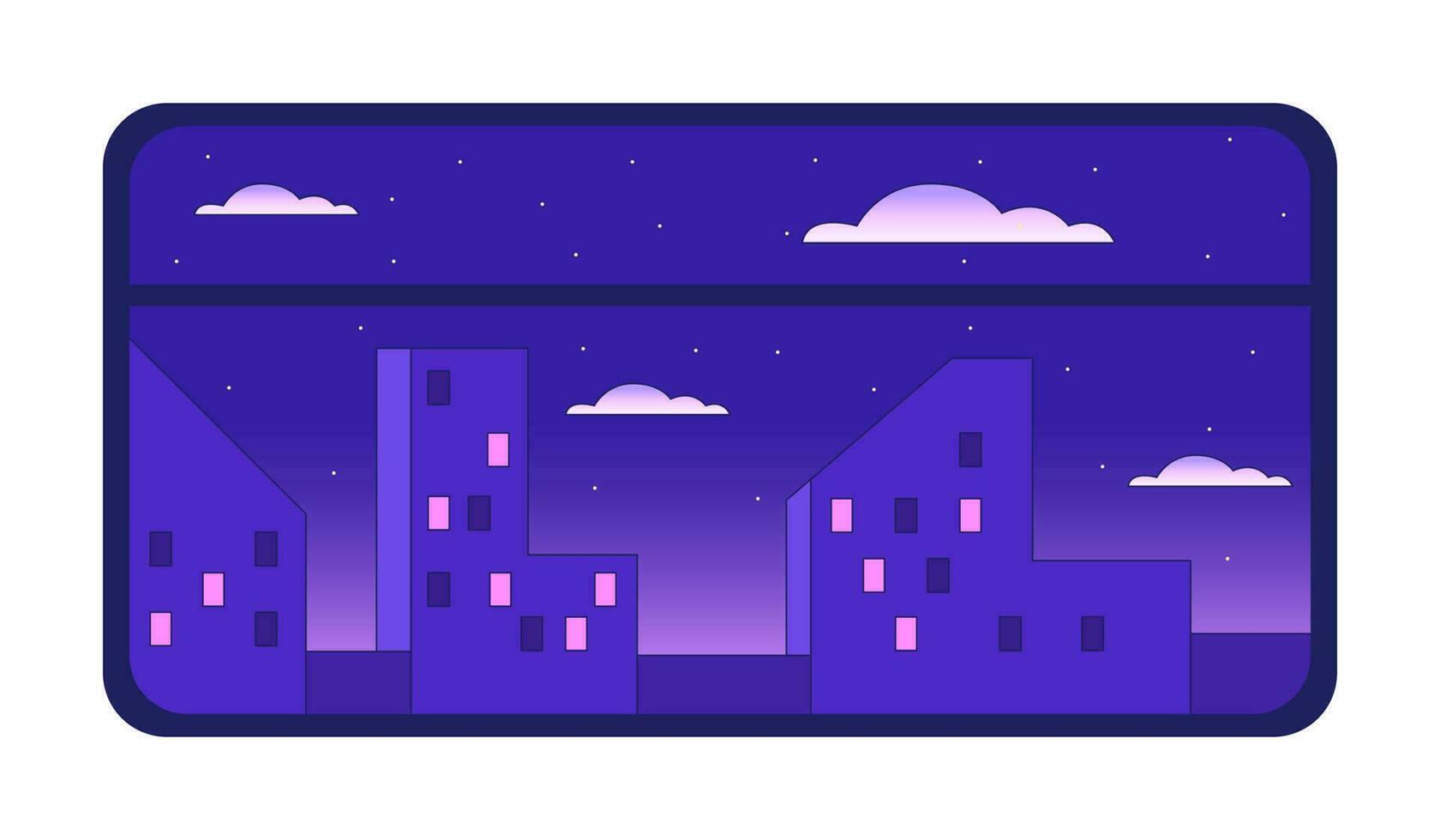 Zug Fenster mit Stadt Gebäude Nacht Aussicht eben Vektor Karikatur Symbol. Wolkenkratzer. redaktionell, Zeitschrift Stelle Illustration. bunt Objekt isoliert auf Weiß. editierbar 2d einfach Zeichnung, Grafik Design