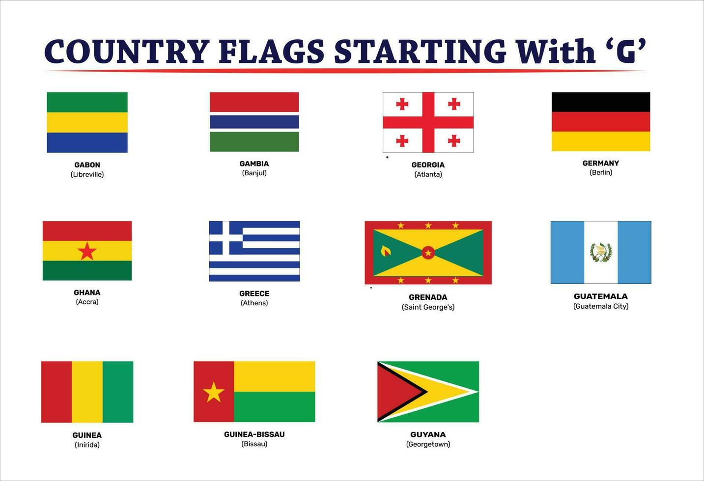 global flaggor vektor uppsättning av platt skydda ikoner terar Land flaggor med de brev g. komplett samling av Land flaggor från runt om de värld och kontinent. vektor illustration