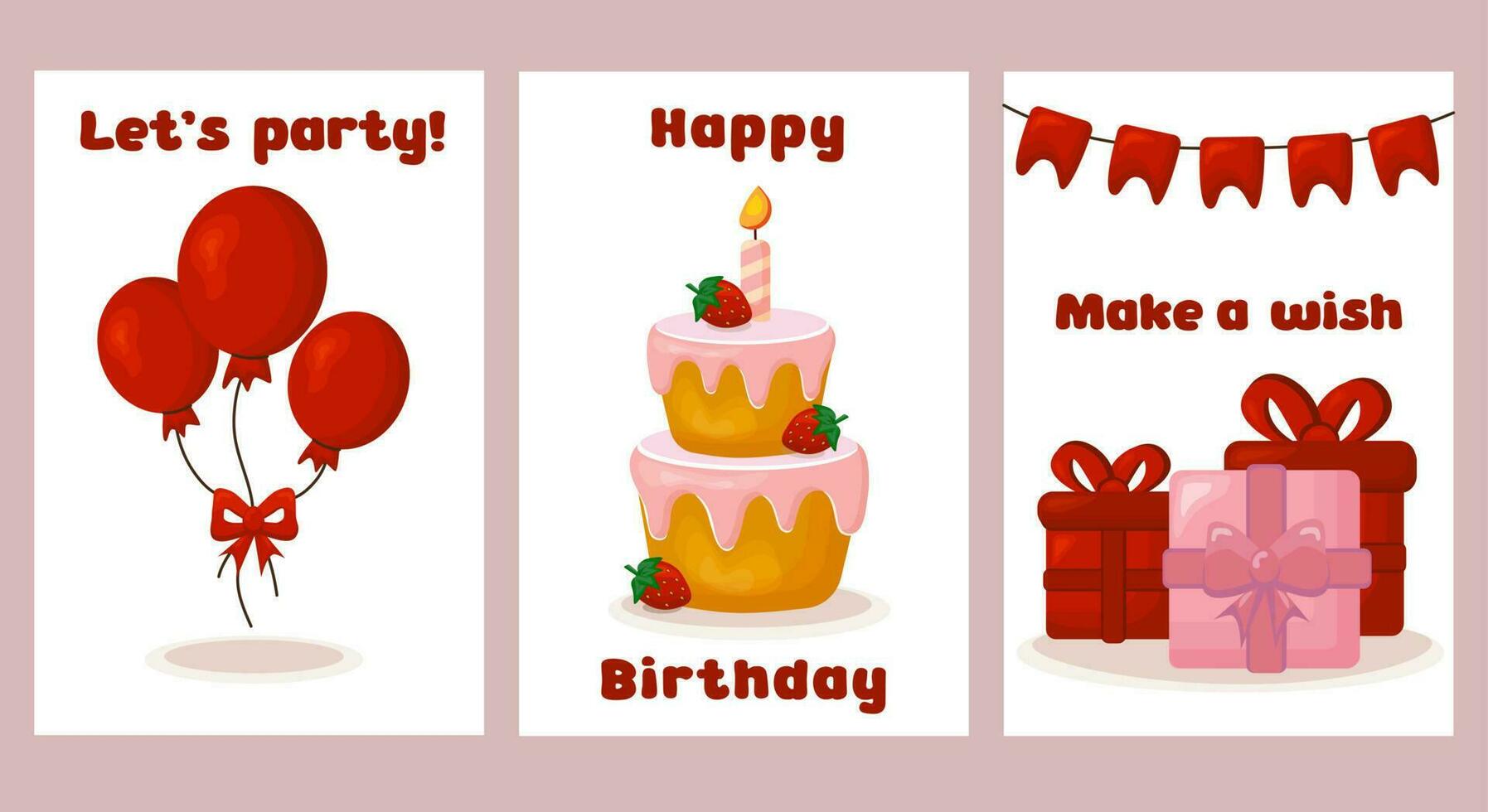 uppsättning av födelsedag kort. vykort samling med ballonger, gåvor, kaka och krans flagga. Lycklig födelsedag. göra en önskar. låt oss fest. vektor hälsning kort.