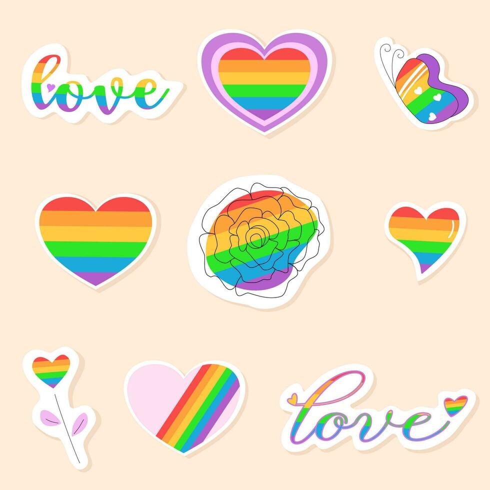 vektor - text kärlek, hjärta, fjäril, reste sig, blomma med regnbåge flagga. HBTQ, stolthet, Gay, jämlikhet begrepp. klämma konst. kan vara använda sig av för skriva ut, papper, klistermärke, webb.