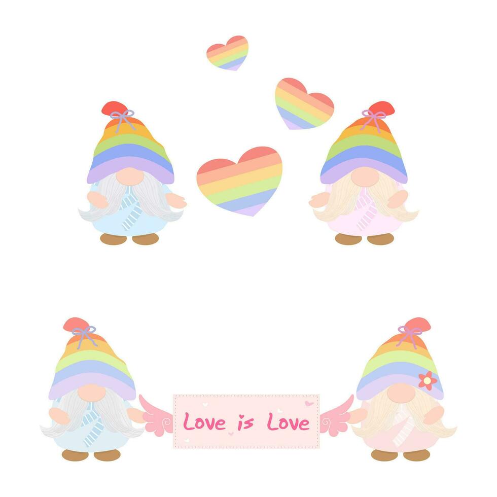 vektor - söt gnome med HBTQ flagga på hjärta form. kärlek är kärlek. stolthet, frihet begrepp. objekt.