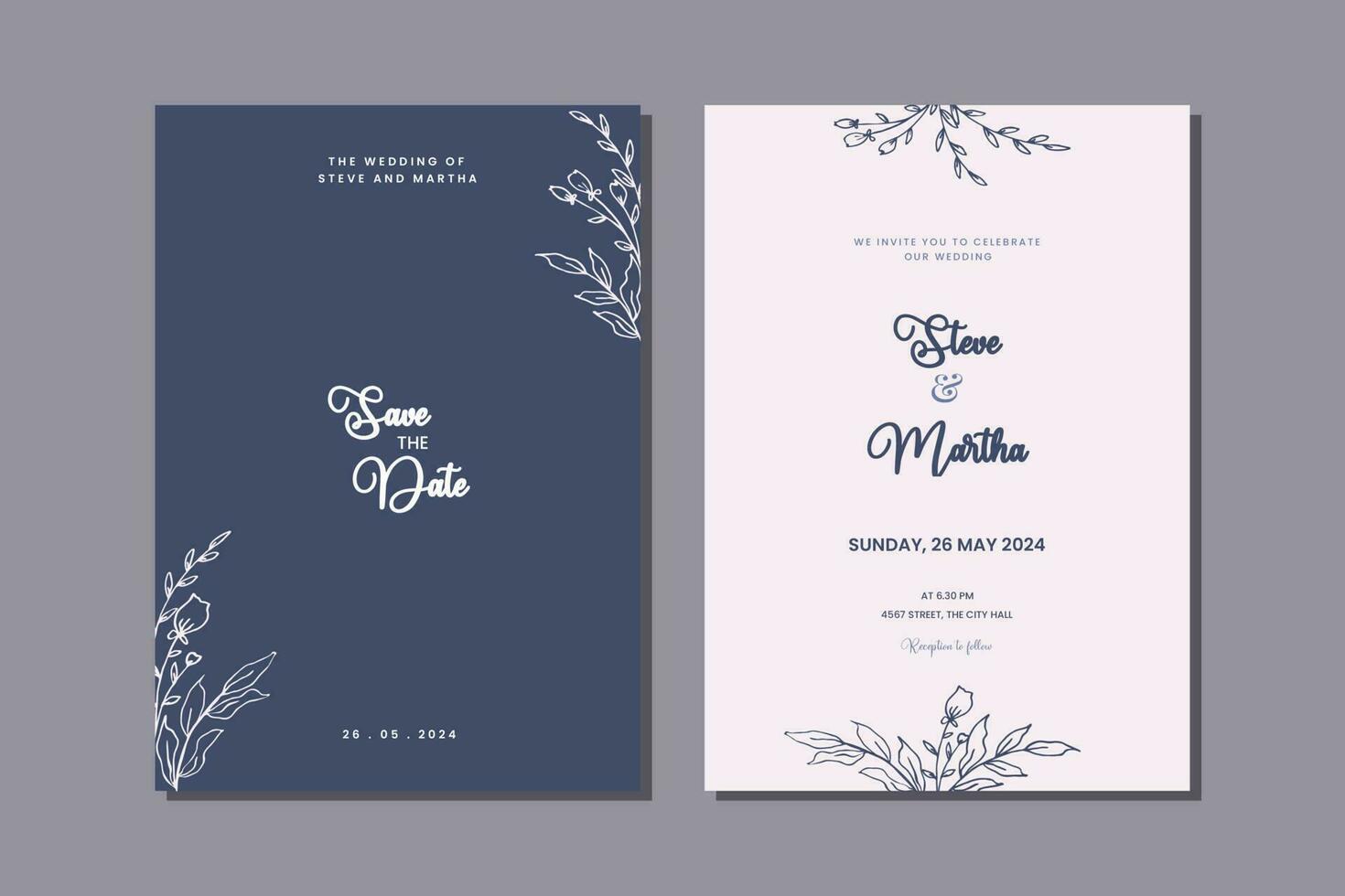 minimalistisch doppelt Seite Hochzeit Einladung Vorlage mit Hand gezeichnet Blätter und Blumen Dekoration einfach Stil vektor