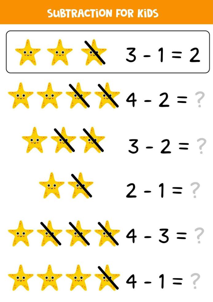 subtraktion med söt gul sjöstjärna. pedagogisk matematik spel för ungar. vektor