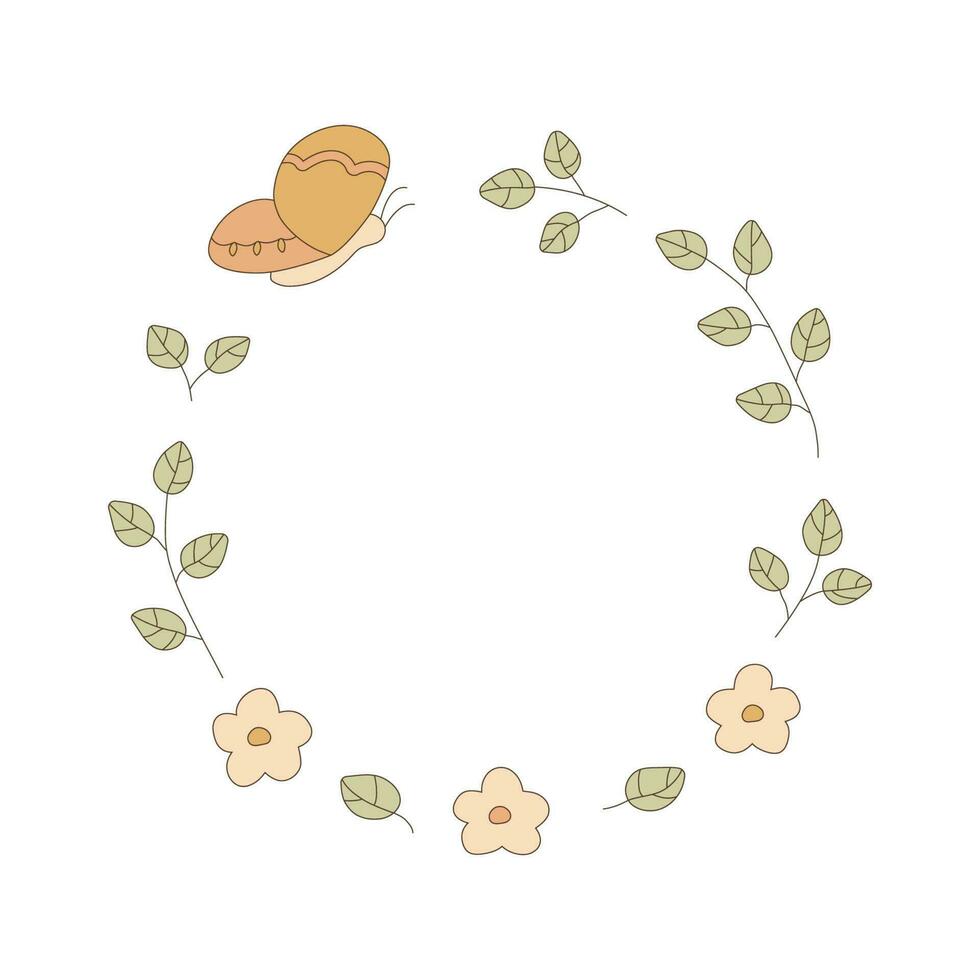groovig Kreis Rahmen im retro Farben. Boho, Hippie Rand mit Schmetterling, Blätter und Blumen. Vektor Illustration isoliert auf Weiß Hintergrund
