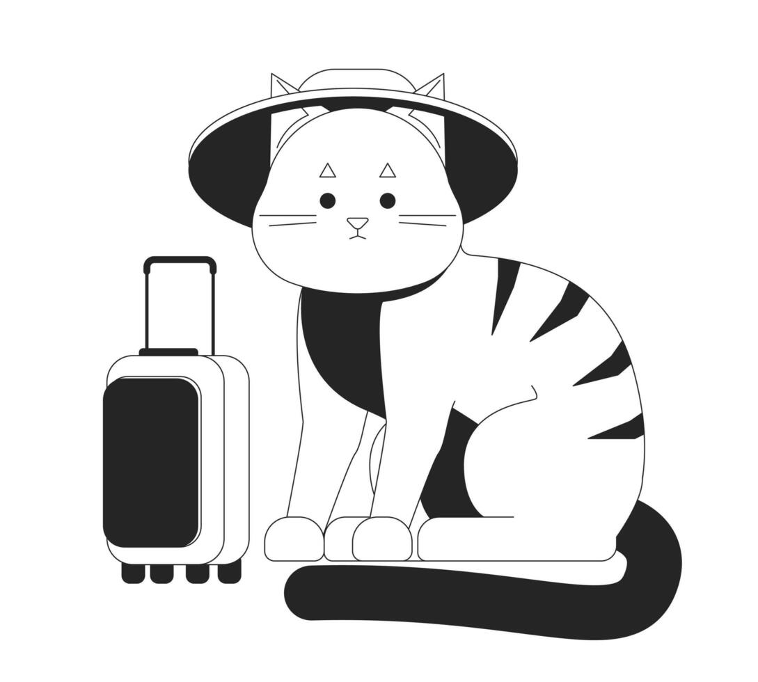 söt katt resande bw vektor fläck illustration. tabby katt bär hatt med resväska 2d tecknad serie platt linje enfärgad karaktär för webb ui design. rolig djur- redigerbar isolerat översikt hjälte bild