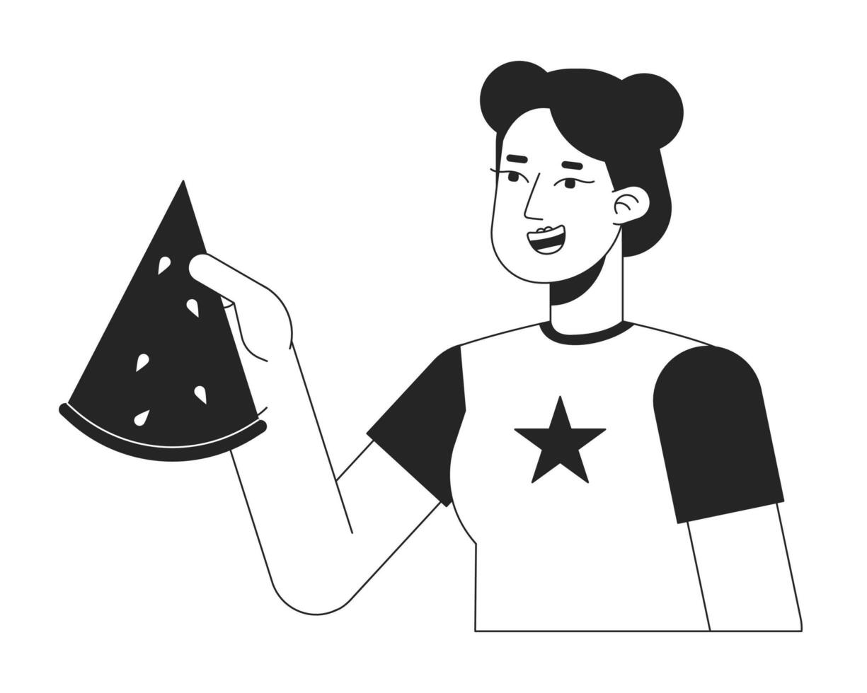 glad asiatisk flicka innehav vattenmelon skiva bw vektor fläck illustration. 2d tecknad serie platt linje enfärgad karaktär för webb ui design. sommar picknick redigerbar isolerat översikt hjälte bild