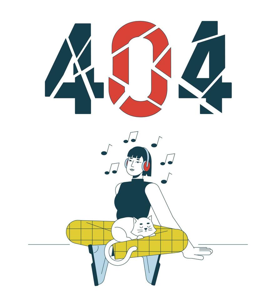 Musik- Hören Error 404 Blitz Botschaft. asiatisch Kopfhörer Mädchen mit Katze. genießen schlägt. leeren Zustand ui Design. Seite nicht gefunden aufpoppen Karikatur Bild. Vektor eben Illustration Konzept auf Weiß Hintergrund