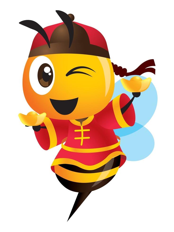 tecknad söt bi med traditionell kinesisk dräkt som rymmer två guldtackor vektor