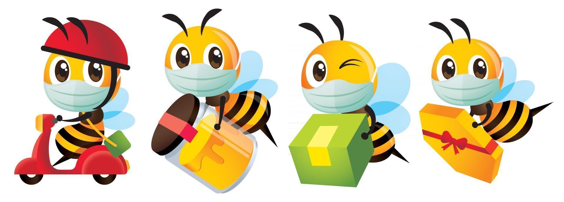 tecknad söt bi bär skyddande kirurgisk mask för leverans för att skydda mot sjukdomar och bakterier vektor