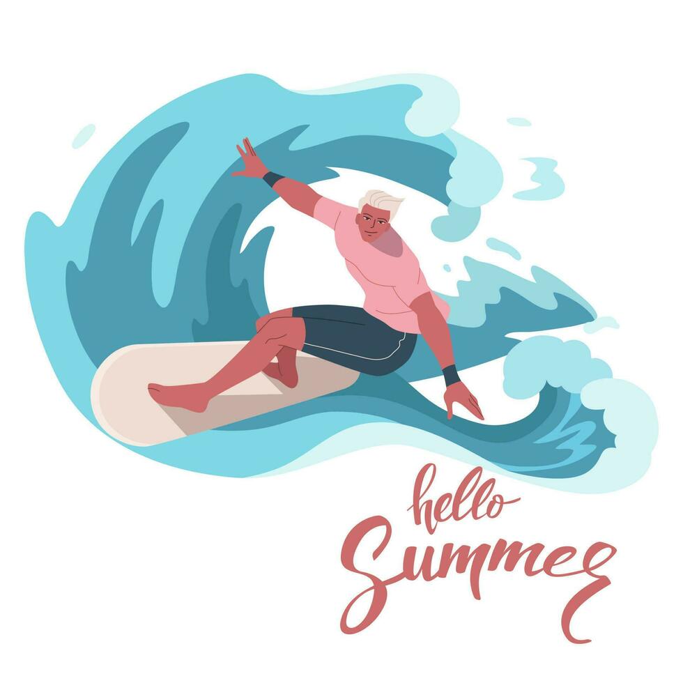 jung Mann im Badebekleidung Surfen und groß Welle im Meer oder Ozean. glücklich Surfer im Strandkleidung mit Surfbretter isoliert auf Weiß Hintergrund. Vektor Design Illustration.