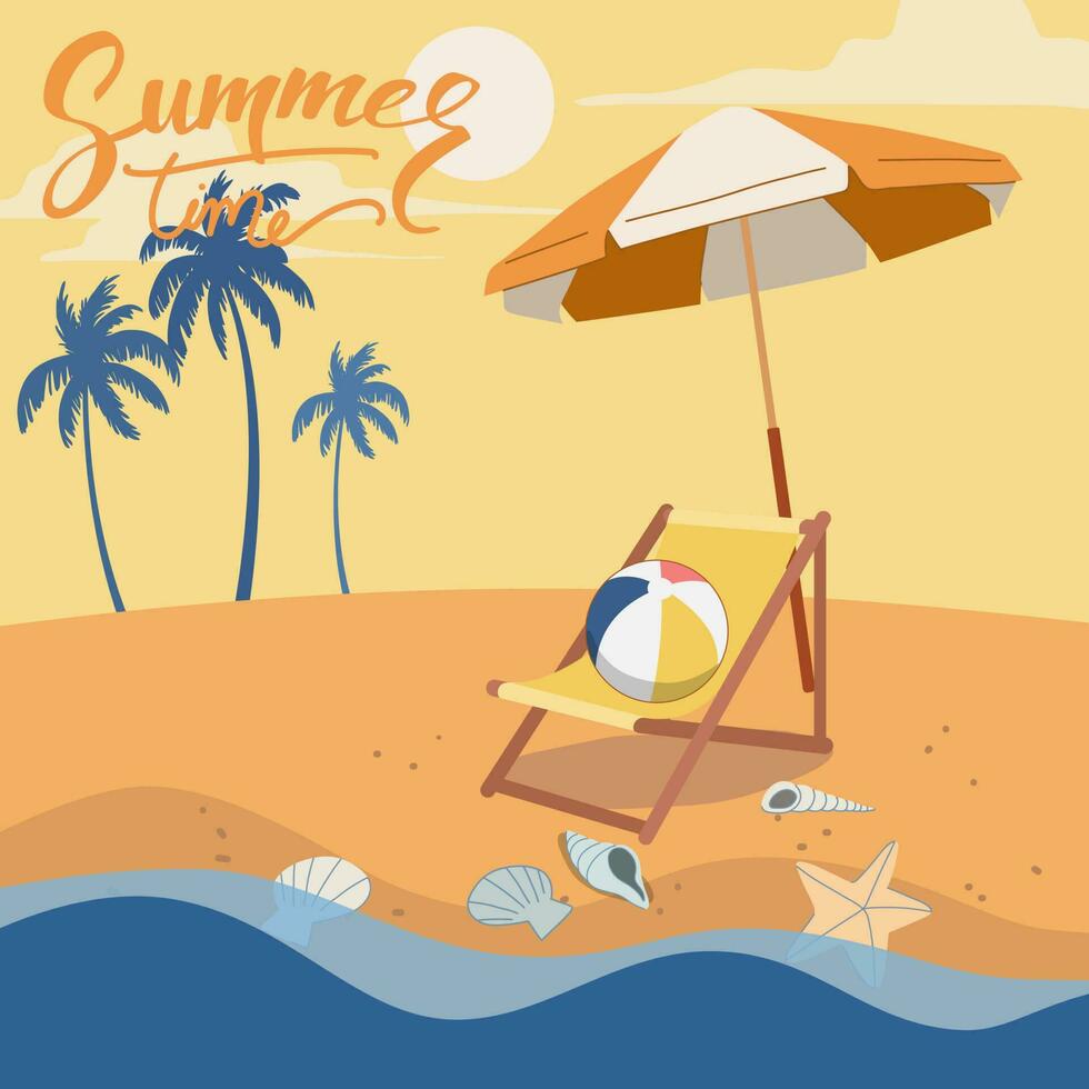Sommer- Festival Strand Hintergrund mit ambrella und Stuhl Strand mit ein Ball, rot aufblasbar Ring, Meer Schale auf das Strand. Vektor Design Illustration.