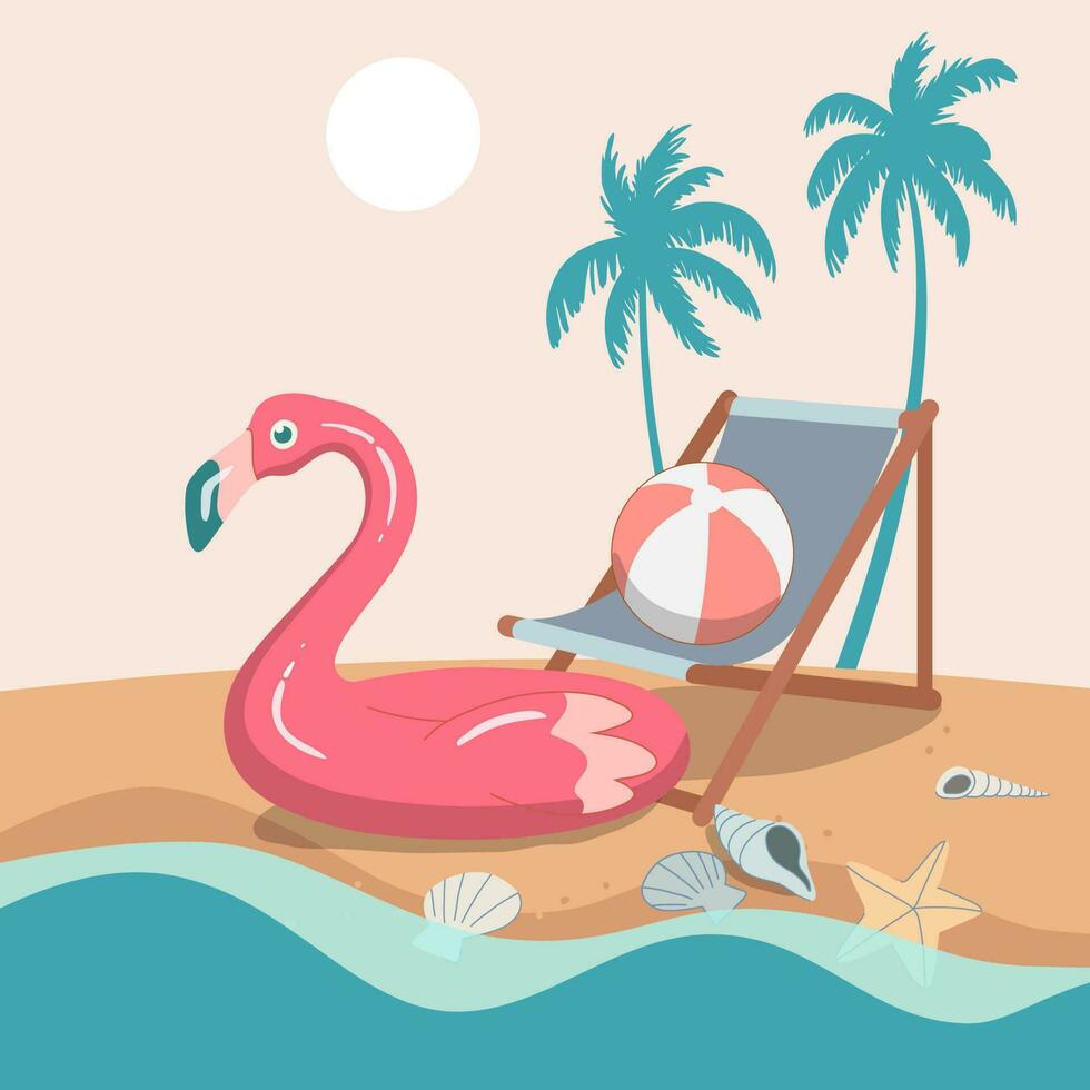 Hej sommar strand bakgrund, rosa uppblåsbar flamingo, hav skal, boll, stol, på de strand. vektor design illustration.