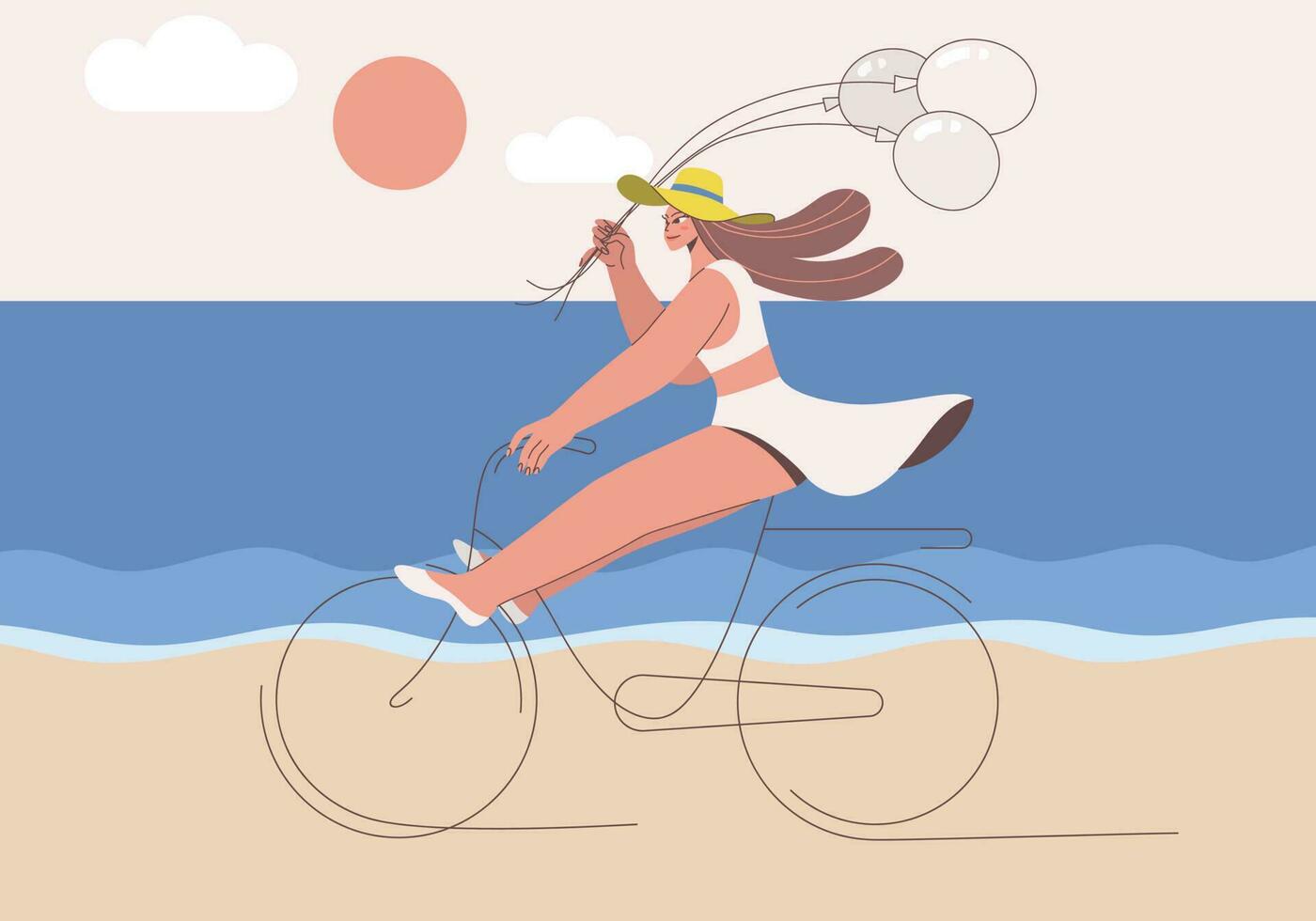 Lycklig kvinna bär vit baddräkt på cykel med innehav ballong i de strand. vektor design illustration.