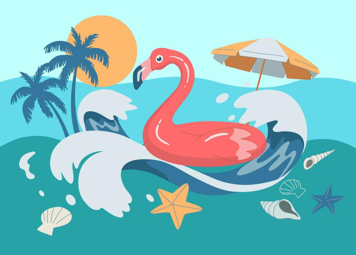 Hallo Sommer- Hintergrund, Rosa aufblasbar Flamingo auf Welle, Meer Hülse, Kokosnuss Baum, Sonne. Vektor Design Illustration.