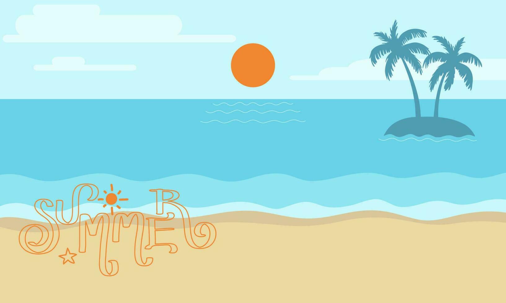 Sommer- Strand Hintergrund, Himmel, Sonne, Meer, Kokosnuss Bäume und Weiß Sand Strand. Vektor Design Illustration.