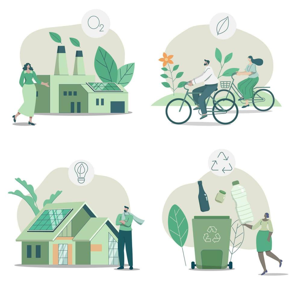 einstellen von Öko freundlich nachhaltig, Umwelt Erhaltung Fabrik, Menschen wählen Reiten Fahrräder, modern Ökologie Haus und Solar- Tafeln, vektor
