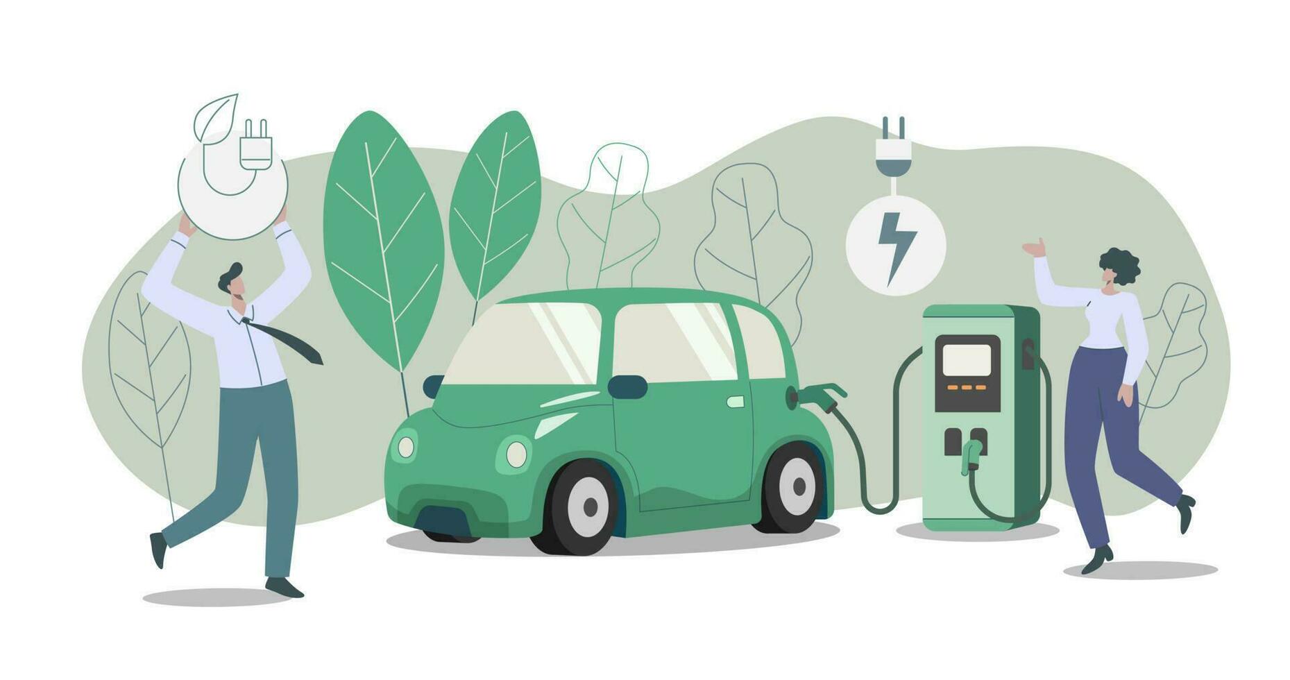 Öko freundlich nachhaltig, elektrisch Auto Laden Bahnhof, sauber Grün Energie von verlängerbar Quellen Konzept. Vektor Design Illustration.