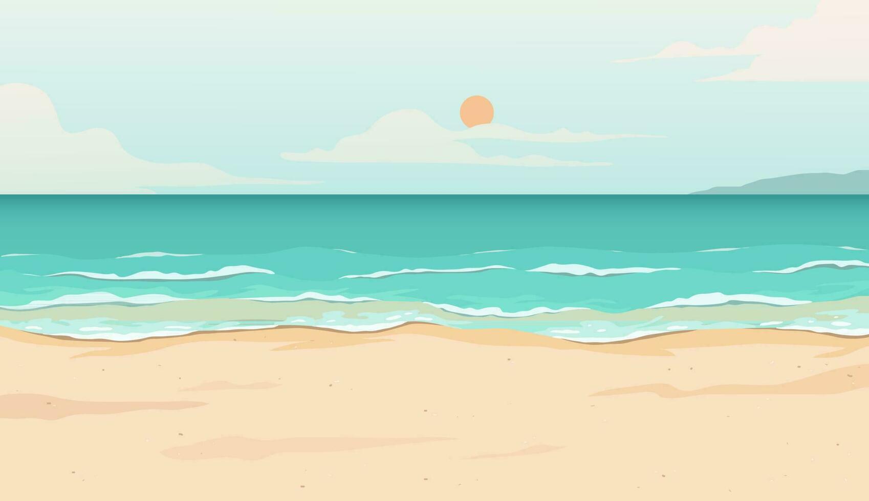 Sommer- Strand Hintergrund, Himmel, Sonne, Meer, Kokosnuss Bäume und Weiß Sand Strand. Vektor Design Illustration.