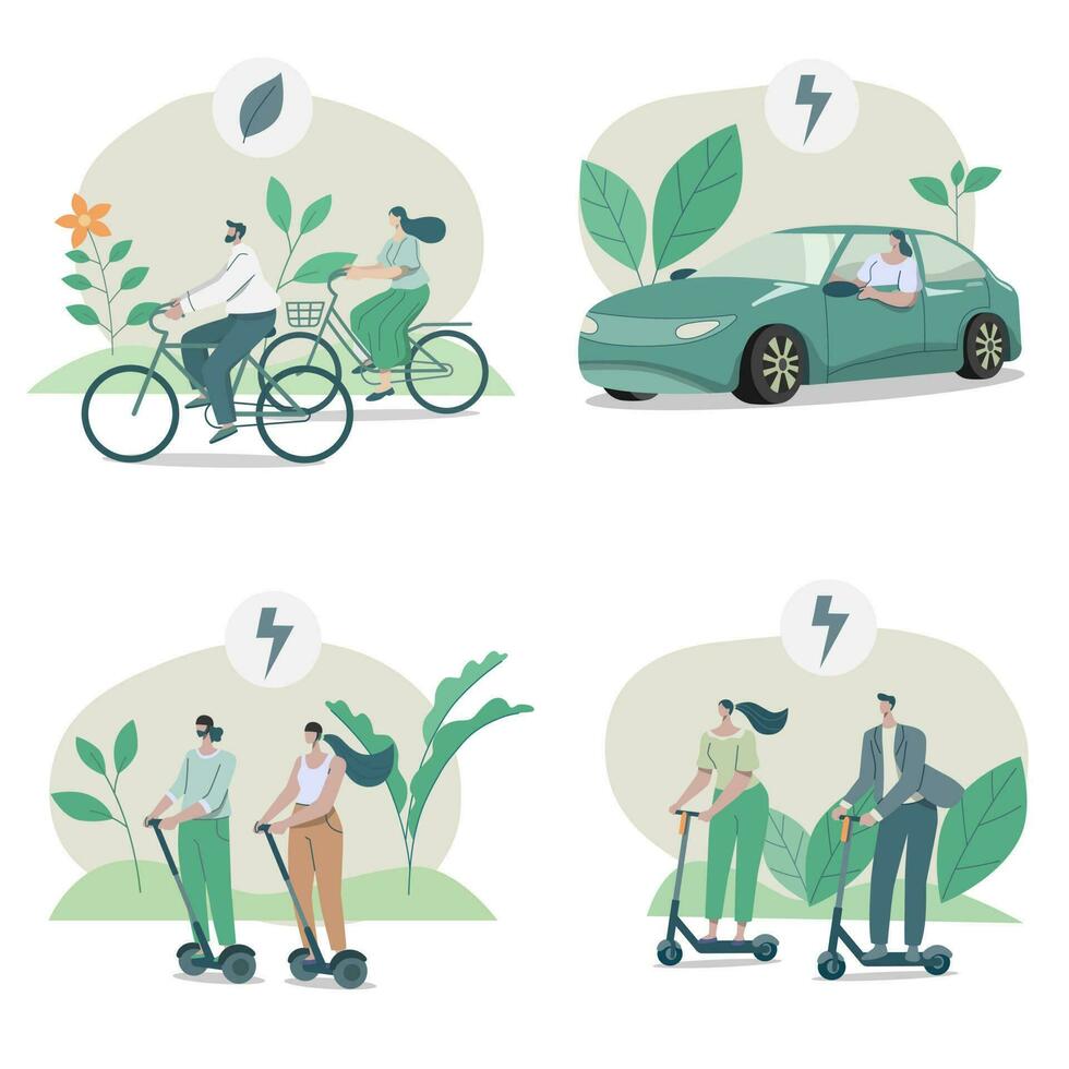 uppsättning av eco vänlig alternativ ekologisk transport, människor välja fordon den där bevara natur. vektor