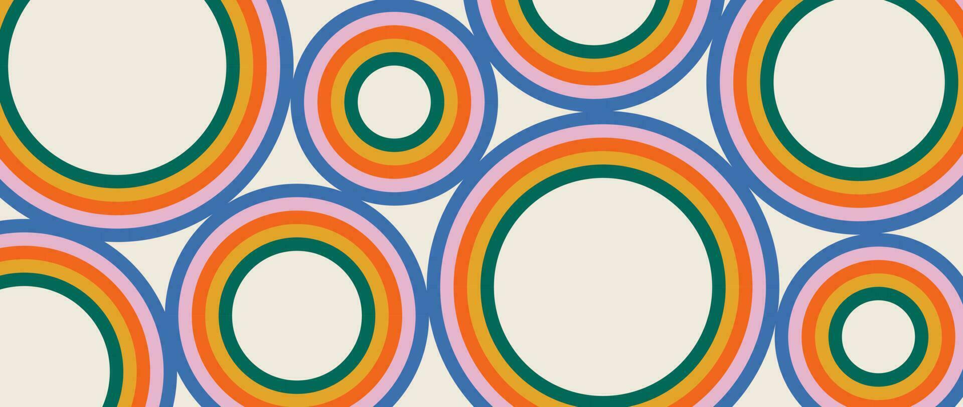 groovig abstrakt Hintergrund mit Regenbogen farbig Kreise. 60-70er Stil retro Muster mit bunt Streifen. modisch psychedelisch Welle Karikatur Hintergrund. Jahrgang Hippie Streifen drucken Vektor Illustration