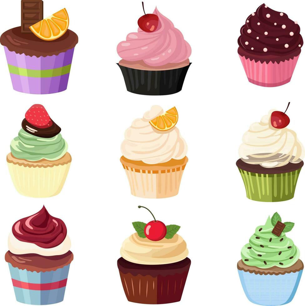 en uppsättning av cupcakes, muffins, kakor, flerfärgad, frukt, grädde, choklad, mynta, orange, med sylt vektor