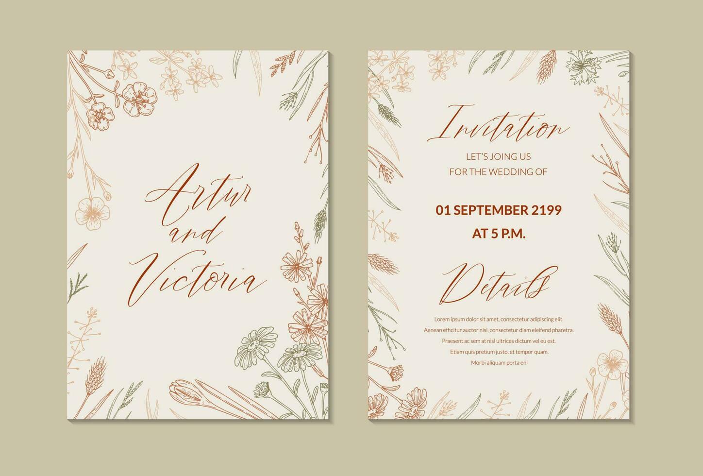 två sida bröllop inbjudan med hand dragen sommar örter. vertikal vild design. vektor illustration i skiss stil. äng blommor estetisk bakgrund
