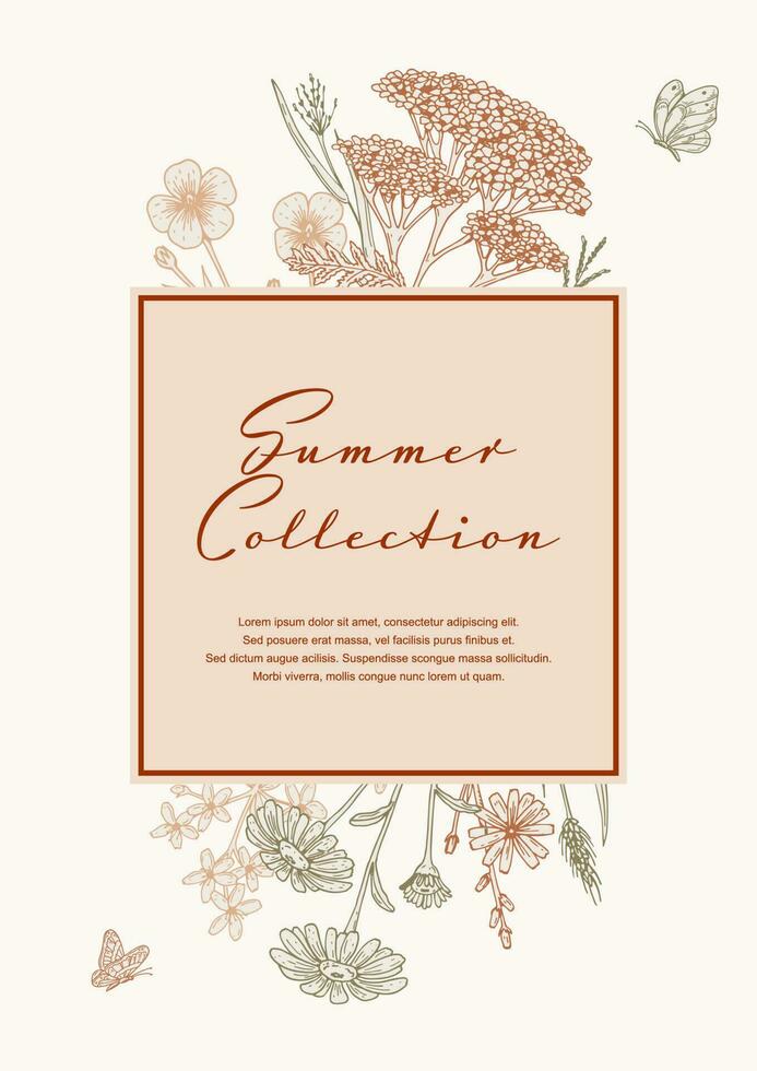 Sommer- Vertikale Design mit Wildblumen. Hand gezeichnet Vektor Illustration im skizzieren Stil. Sozial Medien Geschichten Vorlage. Wiese Blumen Poster. Hochzeit Einladung