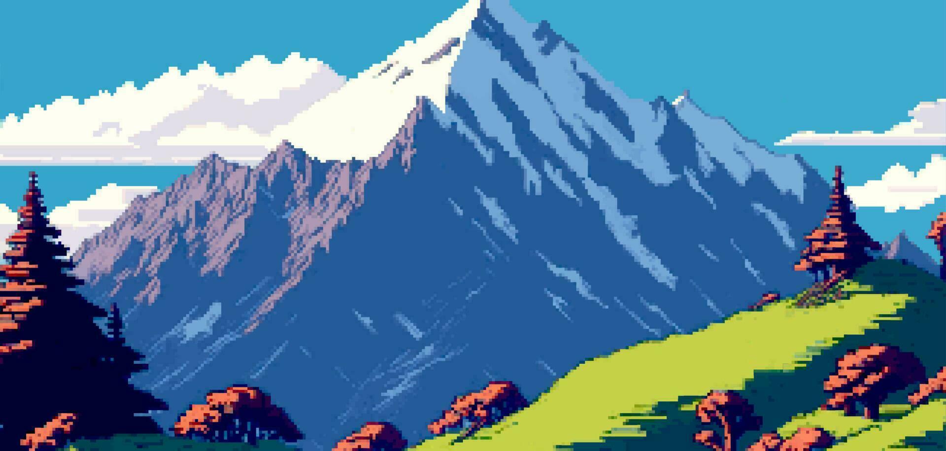 landskap 8bit pixel konst. sommar naturlig landskap berg landskap arkad video spel bakgrund vektor