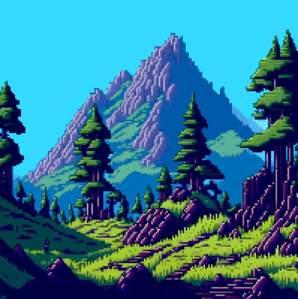 landskap 8bit pixel konst. sommar naturlig landskap berg landskap arkad video spel bakgrund vektor