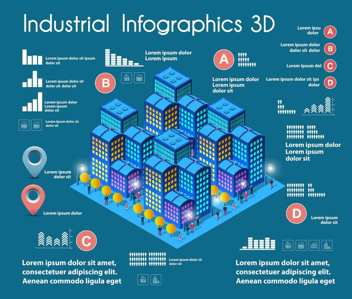 3d illustration stad isometrisk tredimensionell infographics Inklusive skyskrapor, hem och butiker med gator och träd i de område av de stad med de företag konceptuell grafer och diagram vektor