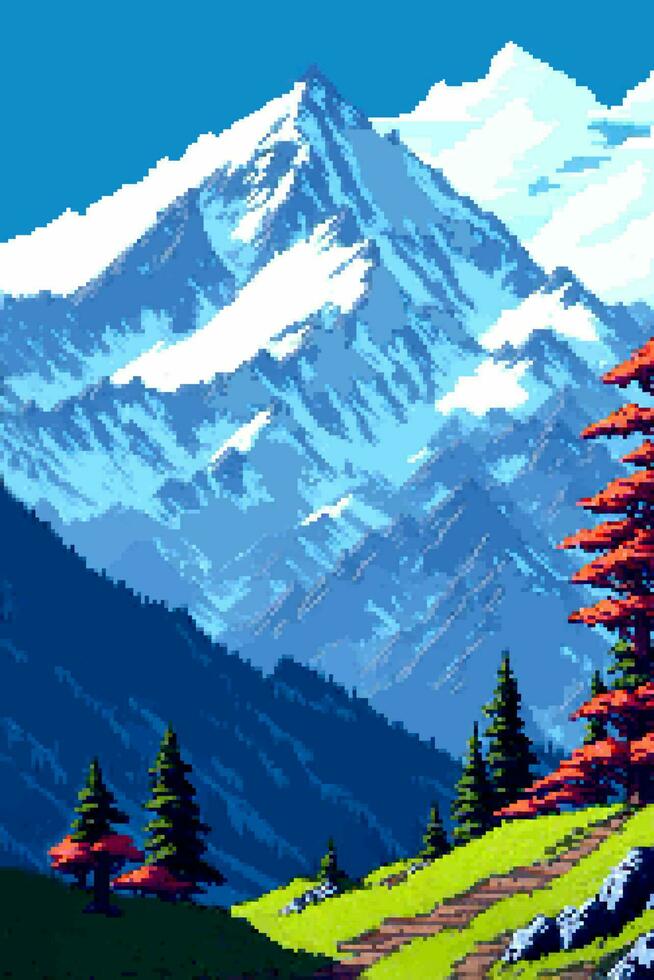 landskap 8bit pixel konst. sommar naturlig landskap berg landskap arkad video spel bakgrund vektor