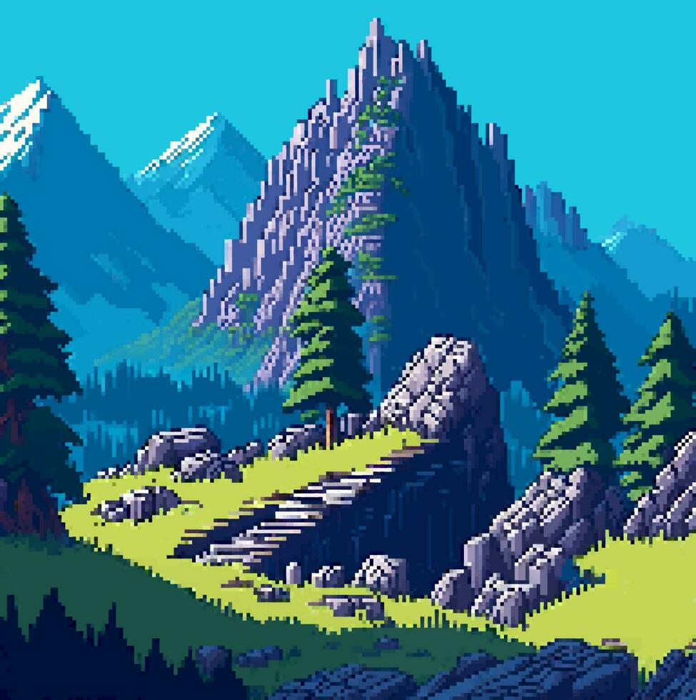 landskap 8bit pixel konst. sommar naturlig landskap berg landskap arkad video spel bakgrund vektor