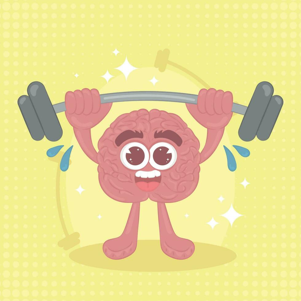 isoliert süß glücklich Gehirn Karikatur Charakter tun Gewichtheben Vektor