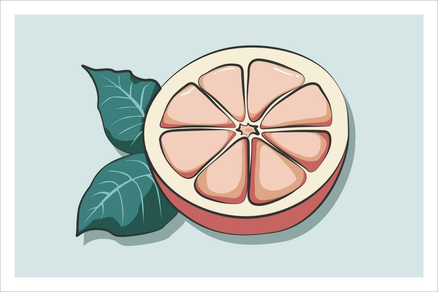 en saftig halv skära grapefrukt. tecknad serie stil med översikt och färgad fylla. isolerat på mynta bakgrund. illustrationer för design och dekoration. vektor