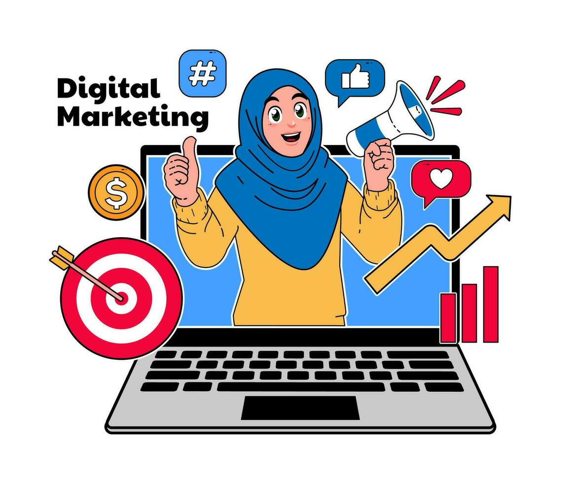 digital marknadsföring illustration, en kvinna bär en hijab är främja med en megafon vektor