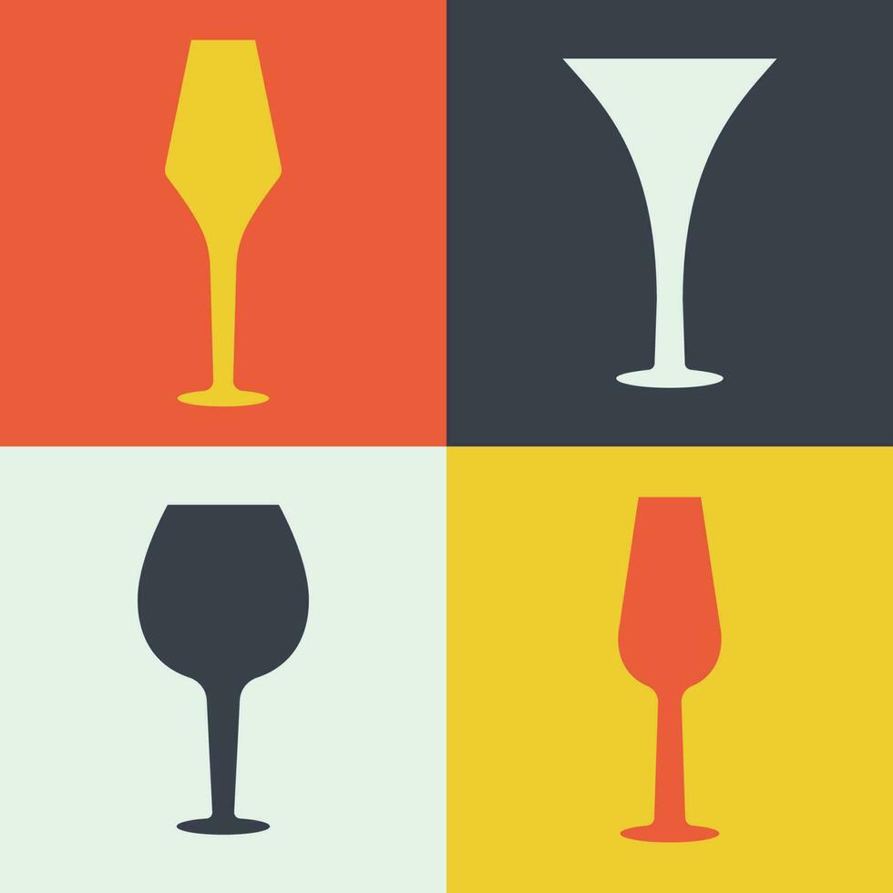 Weingläser Symbol. einstellen von modern Farbe Karten mit Brille zum Alkohol Getränk, Cocktail Glas. Glaswaren von anders Formen zum Sekt, Brandy, Whiskey, Cognac, Hafen Wein, Gin. Vektor Illustration