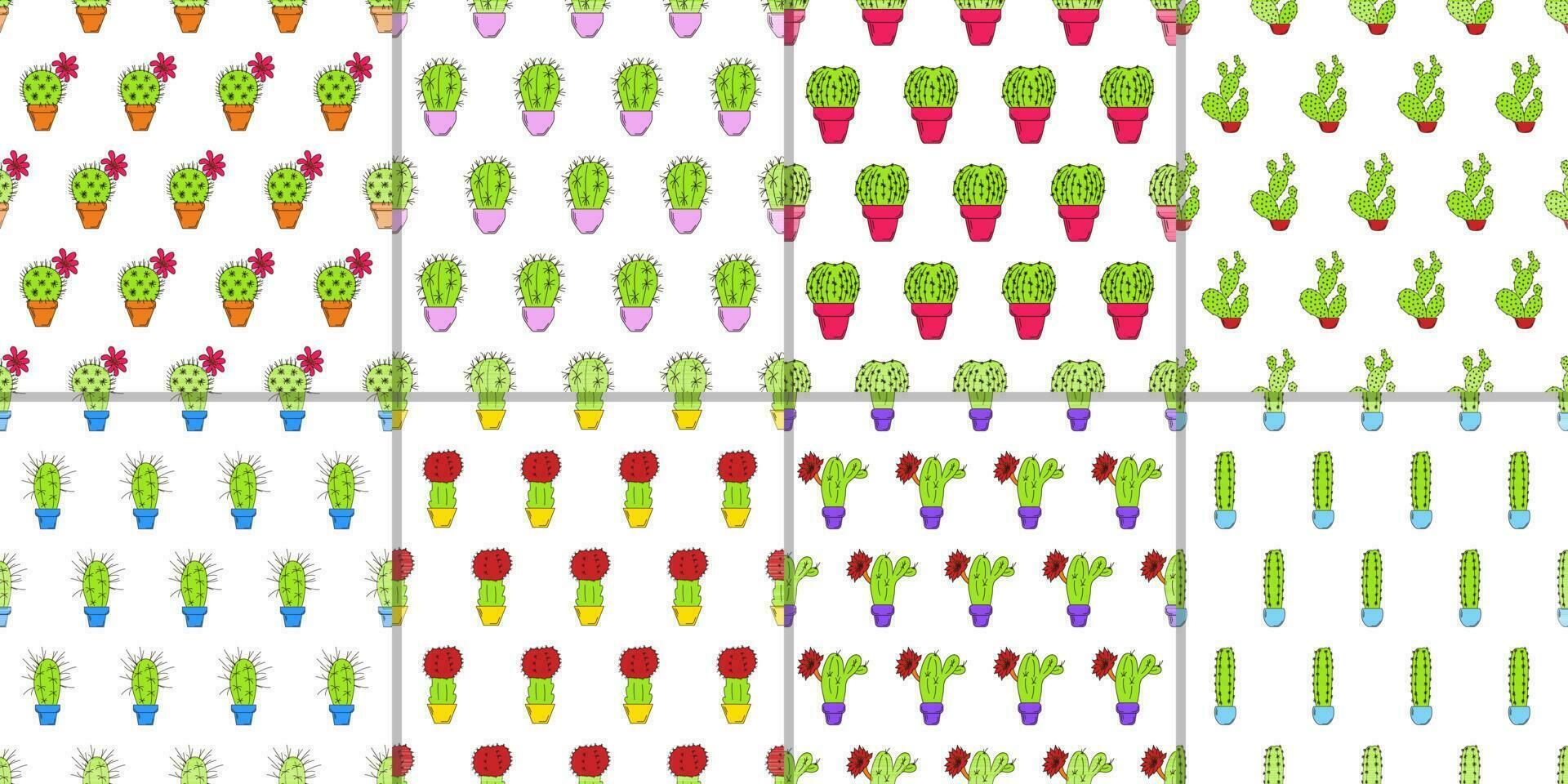 uppsättning av åtta sömlös mönster med färgad kaktusar i kastruller med översikt vektor