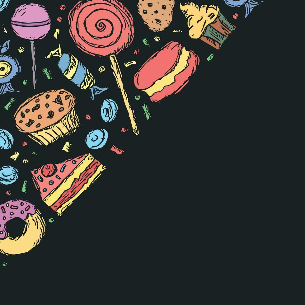 dragen sötsaker bakgrund. klotter mat illustration med sötsaker och plats för text vektor