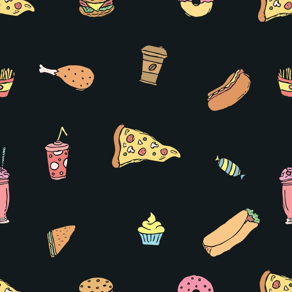 nahtlos schnell Essen Muster. schnell Essen Hintergrund. Gekritzel Fast Food Symbole. gezeichnet Essen Muster vektor